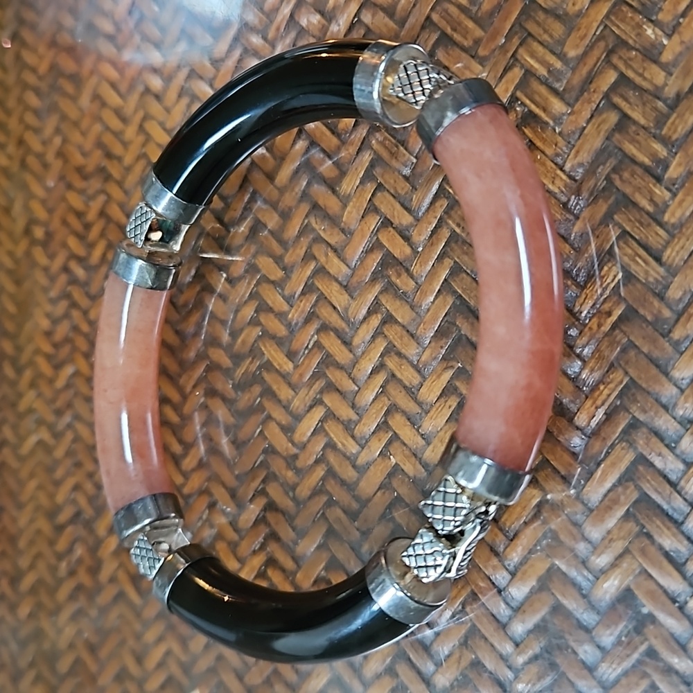 Sterling, onyx and red jade bracelet